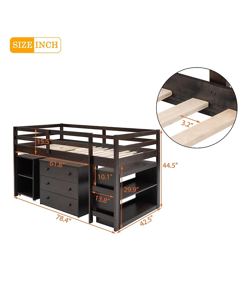 Clihome Low Study Twin Loft Bed with Cabinet and Rolling Portable Desk