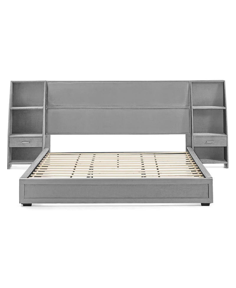Streamdale Furniture King Size Velvet Storage Platform Bed Frame with Bookcases and Drawer