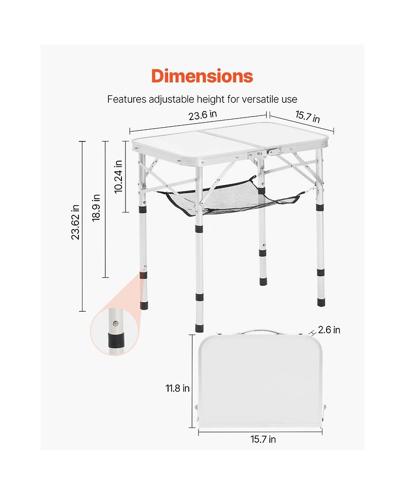 Mountaintop Folding Camping Table, Adjustable Height Side Tables, Aluminum Mdf Beach Table with Mesh Layer, Carrying Handle
