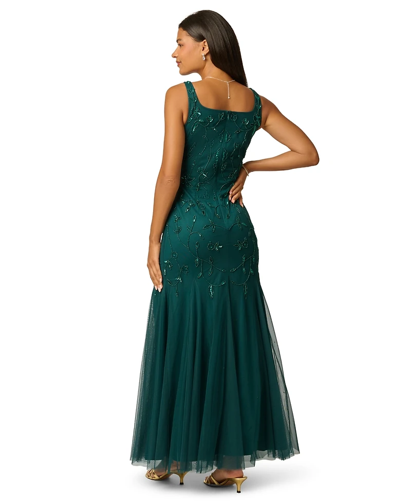 Adrianna Papell Women's Beaded-Mesh Square Neck Long Dress