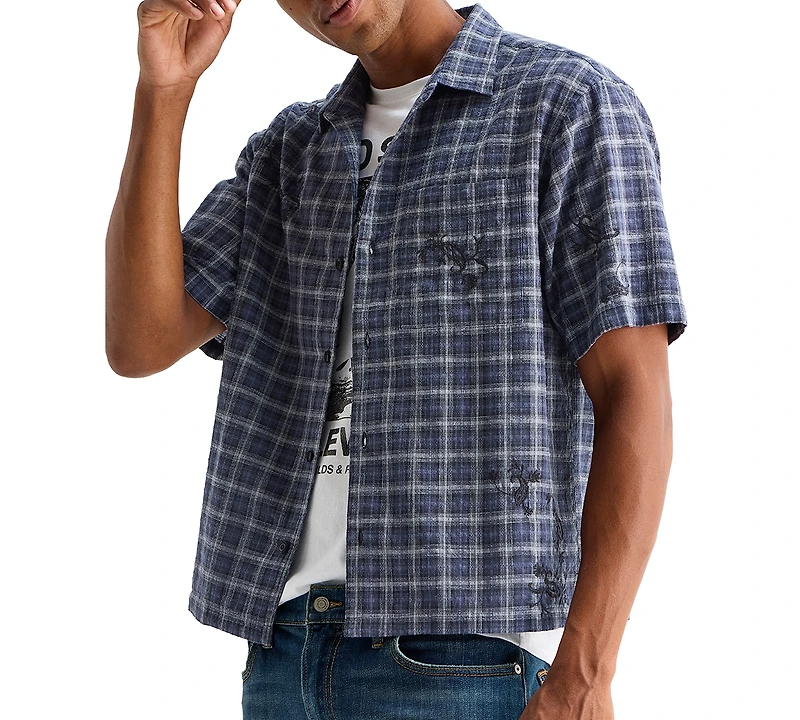 Lucky Brand Men's Embroidered Plaid Spread Collar Shirt
