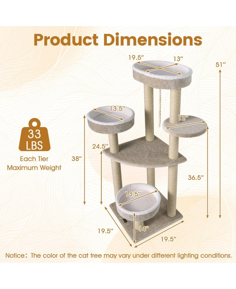 Sugift Carpeted Cat Tree 51 Inch with Oversized Top Perch and 2 Round Beds for Indoor Cats