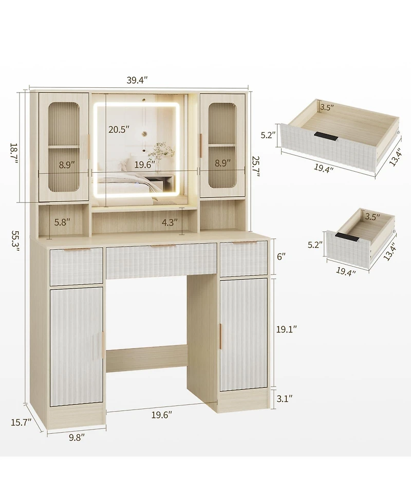 gaomon Vanity Desk with Mirror and Light, Makeup Dressing Table 2 Glass Cabinets, Large Cabinets 3 Wavy Drawers,