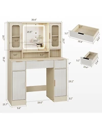 gaomon Vanity Desk with Mirror and Light, Makeup Dressing Table 2 Glass Cabinets, Large Cabinets 3 Wavy Drawers,