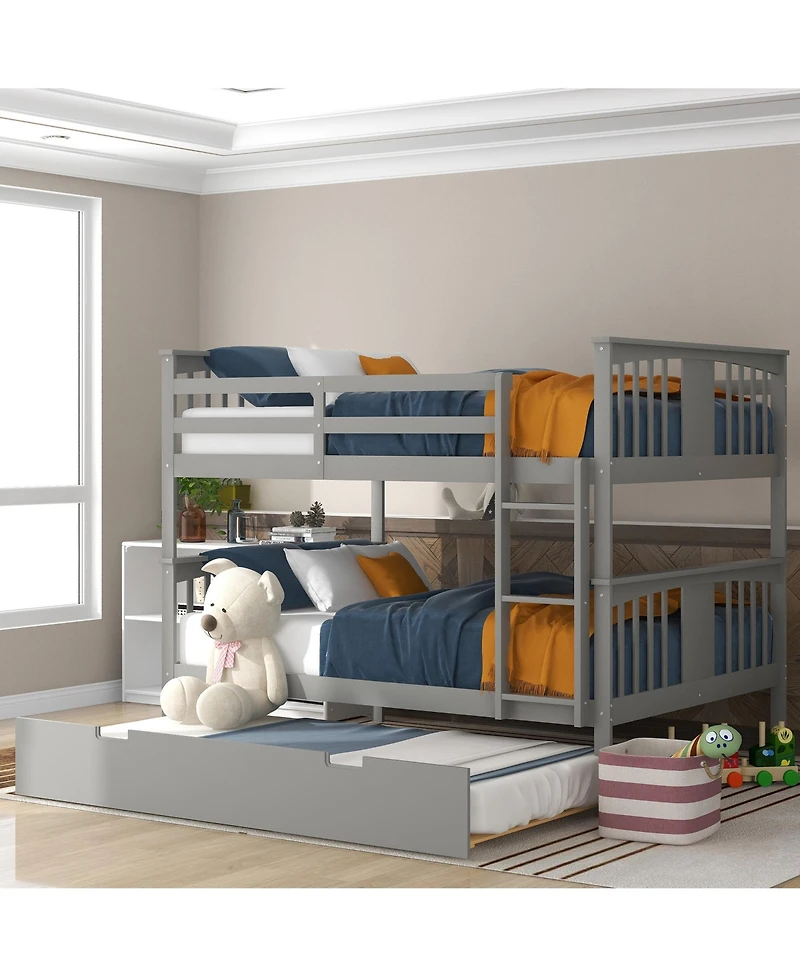Clihome Full over Full Bunk Bed with Twin Size Trundle and Ladde