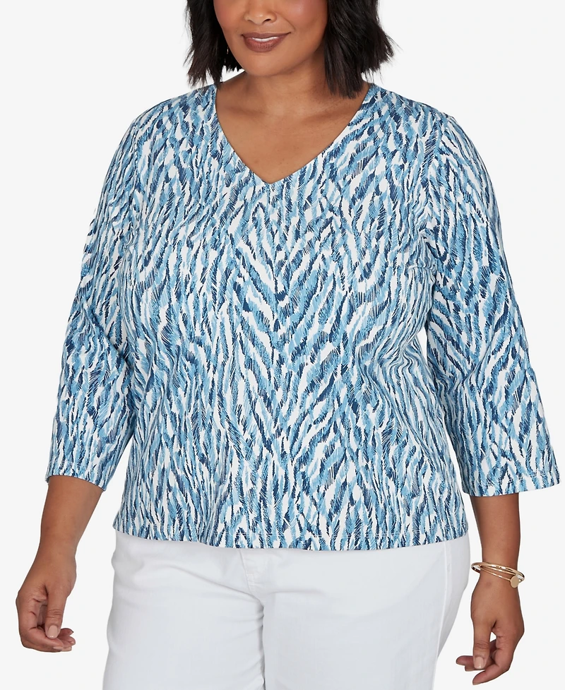 Heart Of Plam Plus Animal Print V-Neck Cotton-Blend Blouse