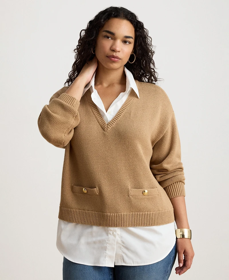 Lauren Ralph Women's V-Neck Long-Sleeve Relaxed-Fit Cotton Sweater