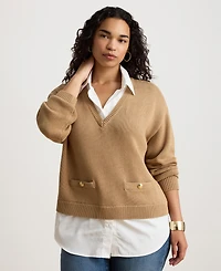 Lauren Ralph Women's V-Neck Long-Sleeve Relaxed-Fit Cotton Sweater