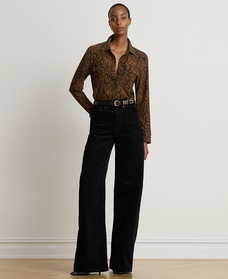 Lauren Ralph Women's Paisley Stretch Jersey Shirt Long-Sleeve Button-Up Blouse