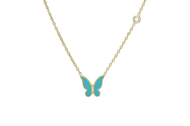Lily Nily Girls Enamel Butterfly and Cubic Zirconia Bezel Station Necklace in 14K
