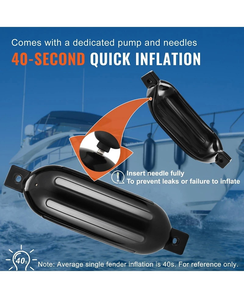 Mountaintop Boat Fenders, 5.5" x 20" Inflatable Ribbed Docking Bumper, Center Holes, Air Pump, 4 Needles, 4 Ropes and Storage Bag for Marine Boats