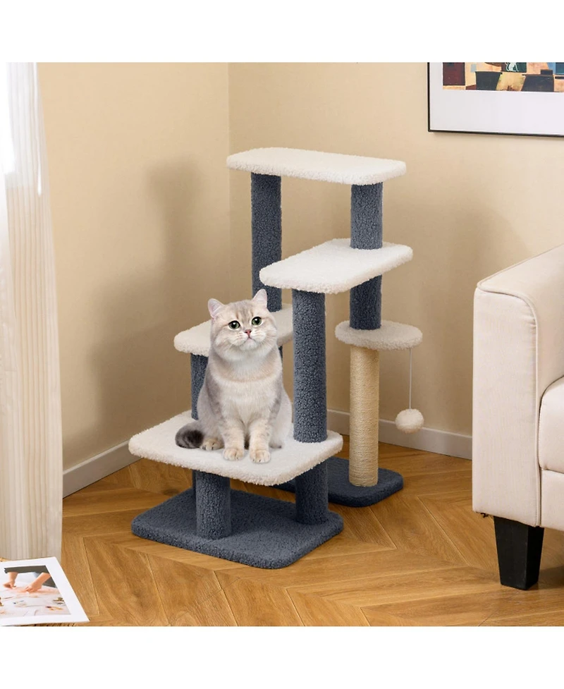 Sugift 2-in-1 Cat Stairs and Cat Tree Tower with Scratching Post and Hanging Toy Ball
