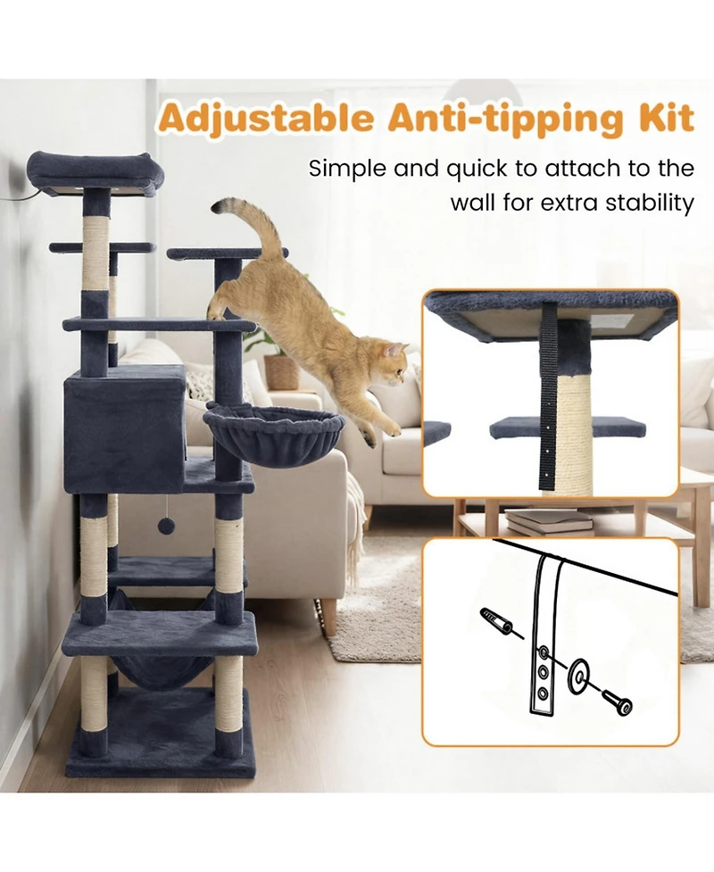 Sugift Large Cat Tree 63 Inch Tall Cat Tower with Rotatable Basket Bed and Swinging Hammock
