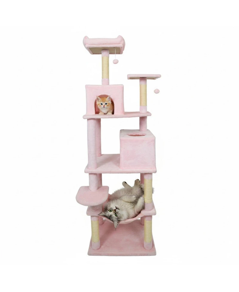 Sugift Cat Tree 58 Inch Multi-Level with Plush Wrapped Perch Dual Condos and Hanging Balls