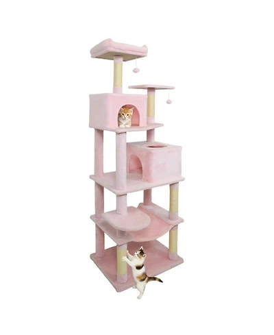 Sugift Cat Tree 58 Inch Multi-Level with Plush Wrapped Perch Dual Condos and Hanging Balls