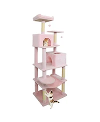 Sugift Cat Tree 58 Inch Multi-Level with Plush Wrapped Perch Dual Condos and Hanging Balls