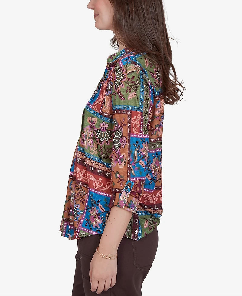 Ruby Rd. Petite Tapestry Top 3/4-Sleeve Floral-Print Button-Front Blouse