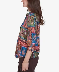 Ruby Rd. Petite Tapestry Top 3/4-Sleeve Floral-Print Button-Front Blouse