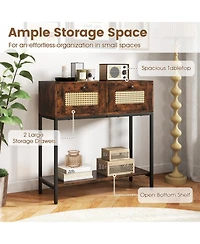 Sugift Boho Rattan Console Table with 2 Woven Drawers and Open Storage Shelf