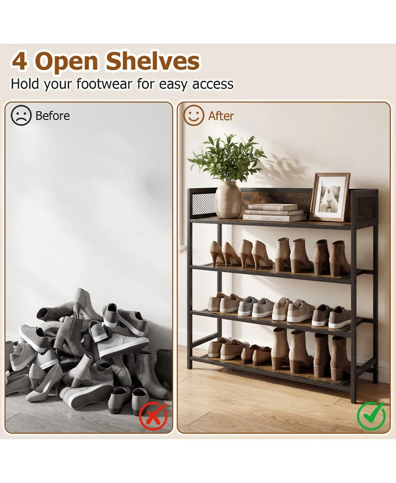 Sugift 4-Tier Industrial Shoe Rack with Heavy Duty Metal Frame and Anti-Fall Guardrails