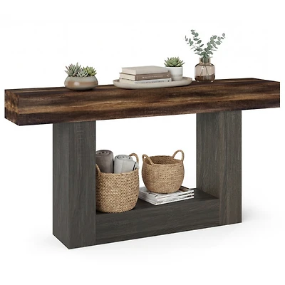 Sugift 2-Tier Farmhouse Console Table 63 Inch Long Slim Sofa Table with Storage Shelf