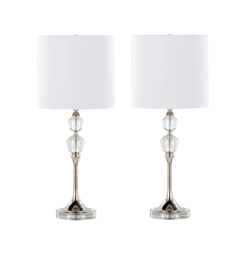 26" Contemporary Crystal Table Lamp in Clear Crystal and Polished Nickel with White Linen Shade from Grandview Gallery - Set of 2