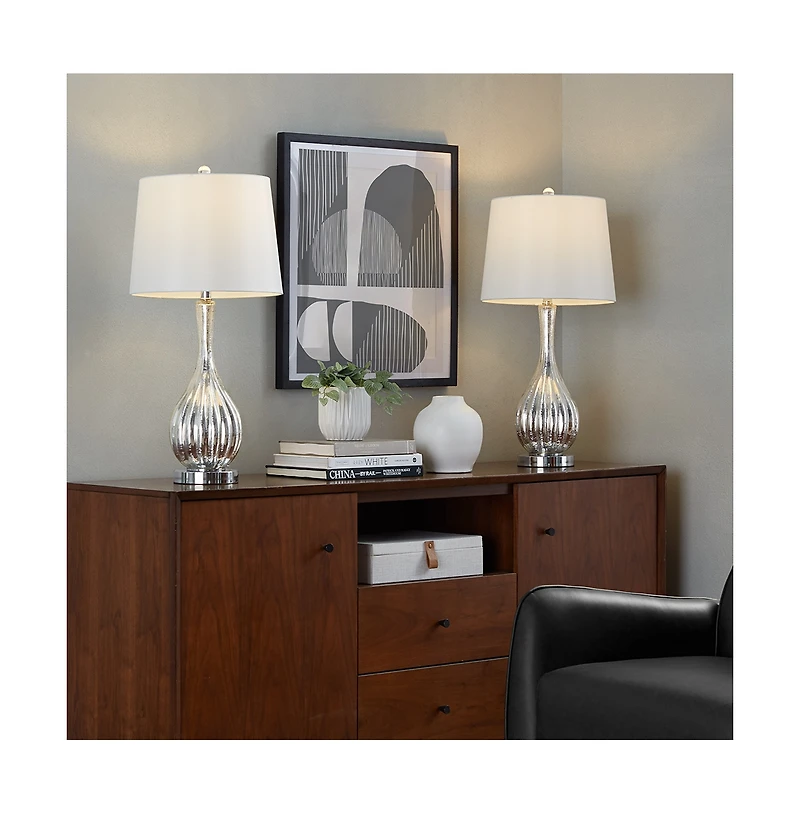 27" Glass Table Lamp in Silver Crackle Glass and Chrome Metal with White Linen Shade - Set of 2