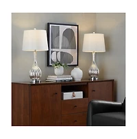27" Glass Table Lamp in Silver Crackle Glass and Chrome Metal with White Linen Shade - Set of 2