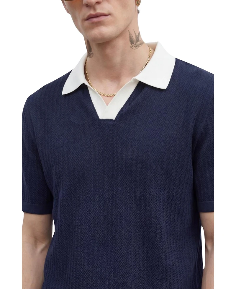 Twisted Tailor Men's Henry Textured Open Collar Polo Shirt