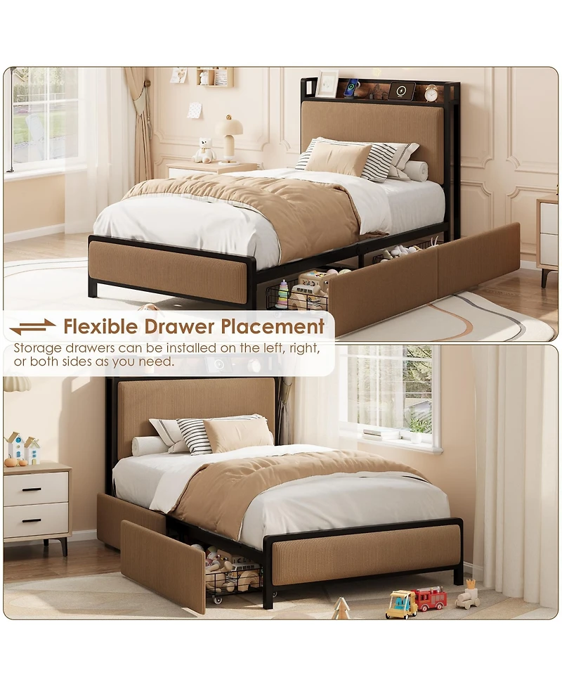 homfan Bed Frame with 2 Drawers and Charging Station, Upholstered Headboard Led Lights, Under Storage