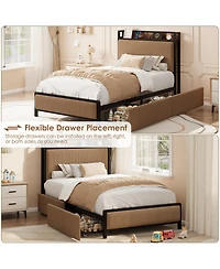 homfan Bed Frame with 2 Drawers and Charging Station, Upholstered Headboard Led Lights, Under Storage
