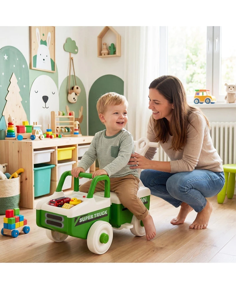 Hongge 4-in-1 Kids Ride-On Push Car with Music Trailer and Under-Seat Storage Ages 1.5-5