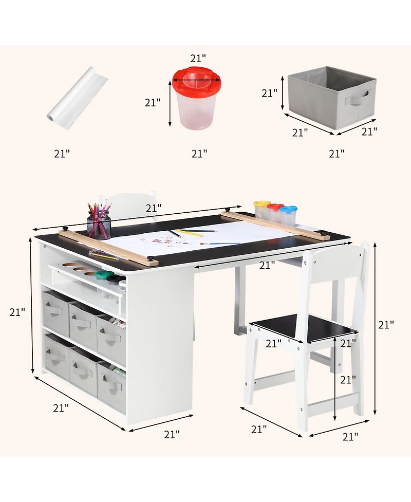 homfan 4-in-1 Kids Art Table Set (Table plus 2 Chairs) - Wooden Activity Desk with Storage Bins, Easel, Drawing and Study