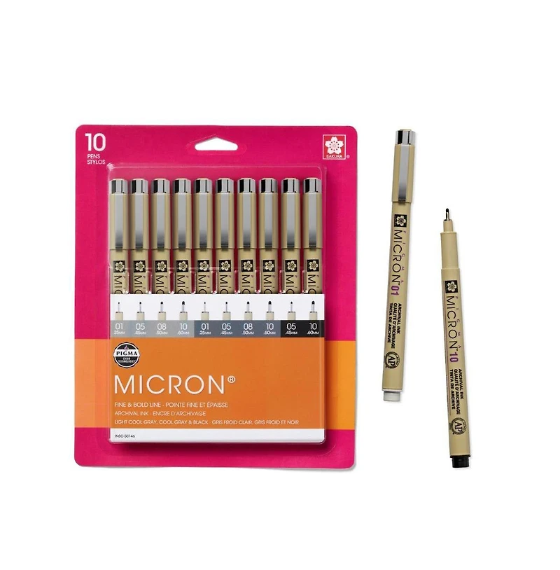 Sakura Pigma Micron Fineliner Pens, Archival Gray & Black Ink, Ass't Tip Sizes, 10 Pk