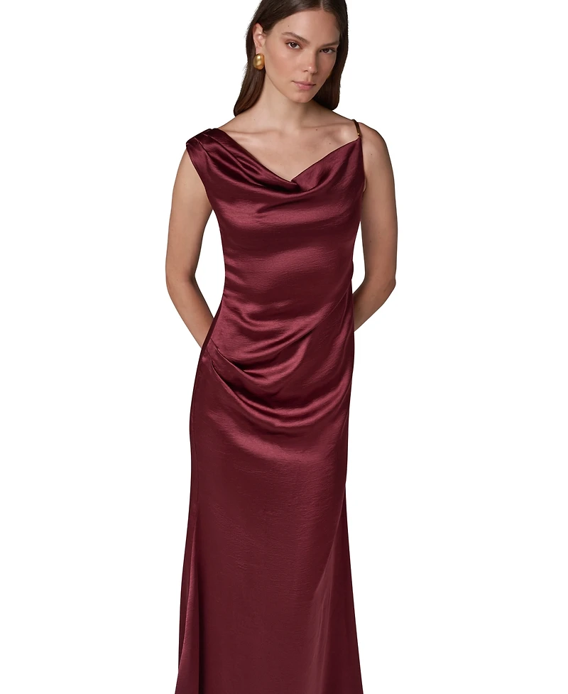 Donna Karan New York Women's Sleeveless Asymmetric Cowl-Neck Satin Maxi Dress