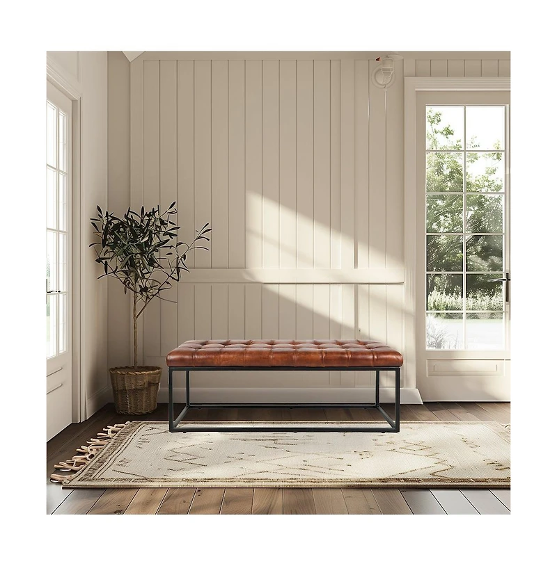 Jofran Global Archive 50" Genuine Distressed Leather Mid-Century Modern Ottoman Bench