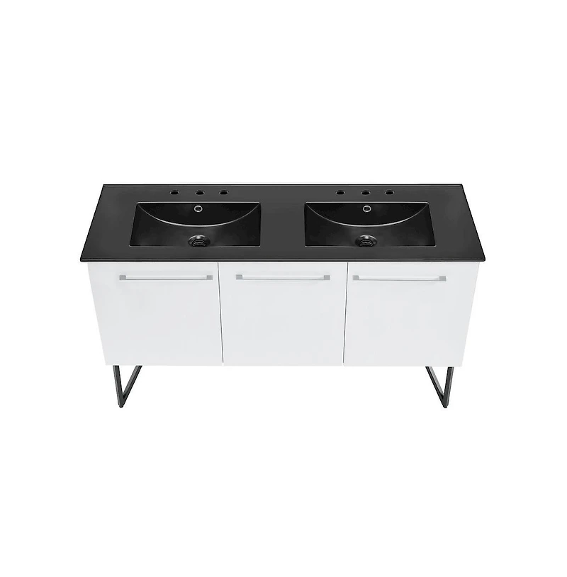Swiss Madison 60 in. White, Double Basin Bathroom Vanity, Black, 3-Hole Sink Top