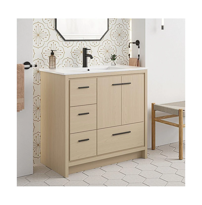Swiss Madison Virage 36" Freestanding Bathroom Vanity in Natural Oak with Sink Top