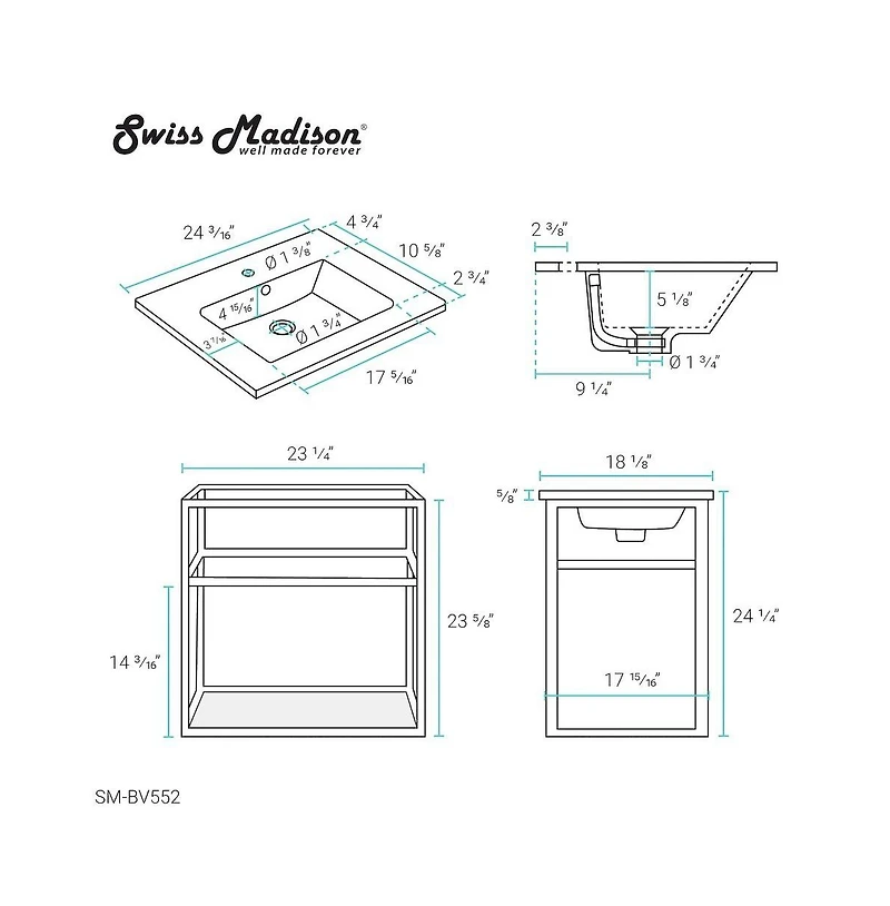 Swiss Madison Pierre 24 Single, Metal Frame, Open Shelf, Bathroom Vanity