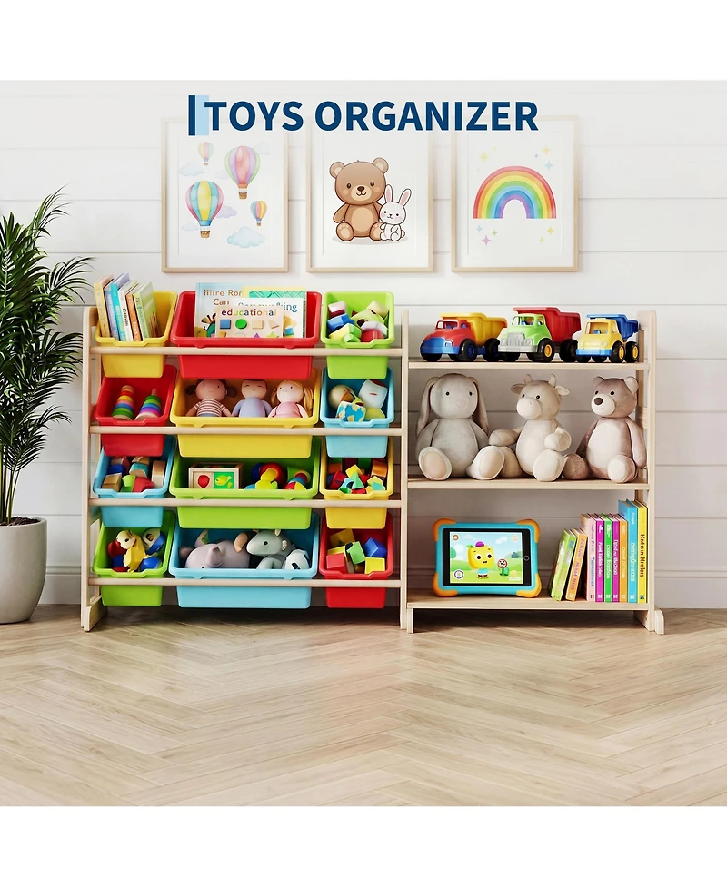 gaomon Kids Toy Storage Organizer 56" Wide Wood Bookshelf with 12 Bins and 3 Open Shelves Anti-Tip Rounded Edges for Playroom Bedroom Nursery