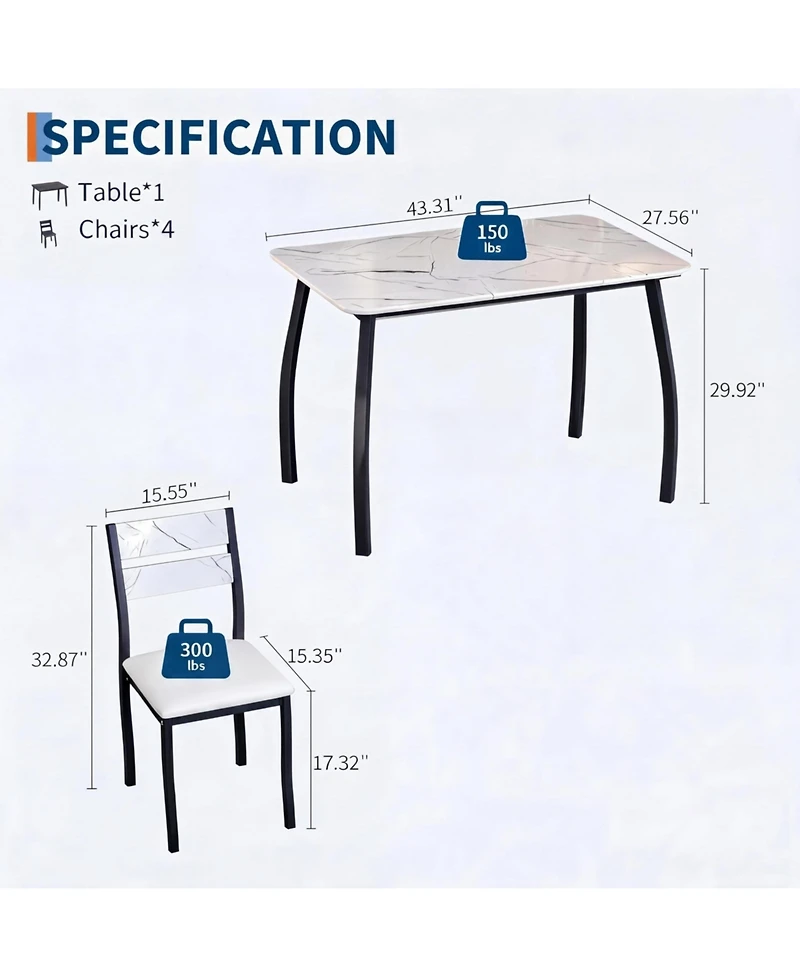 gaomon Dining Table Set 5 Piece White Modern Metal and Wood Space-Saving with Cushioned Chairs Chamfered Edge for Apartment Kitchen Breakfast Nook