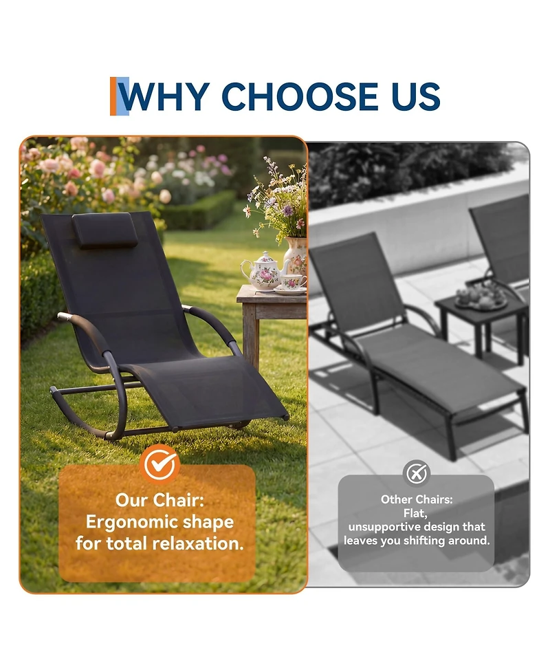 gaomon Outdoor Lounge Chair Set of 2 Patio Recliner with Pillow Breathable Mesh Steel Frame Heavy Duty Rocking Chaise for Pool Lawn Garden Backyard