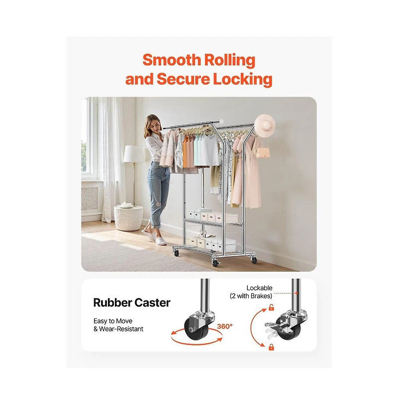 Slickblue Carbon Steel Rolling Clothing Rack with 2 Hanging Rods and 2 Storage Shelves for Home