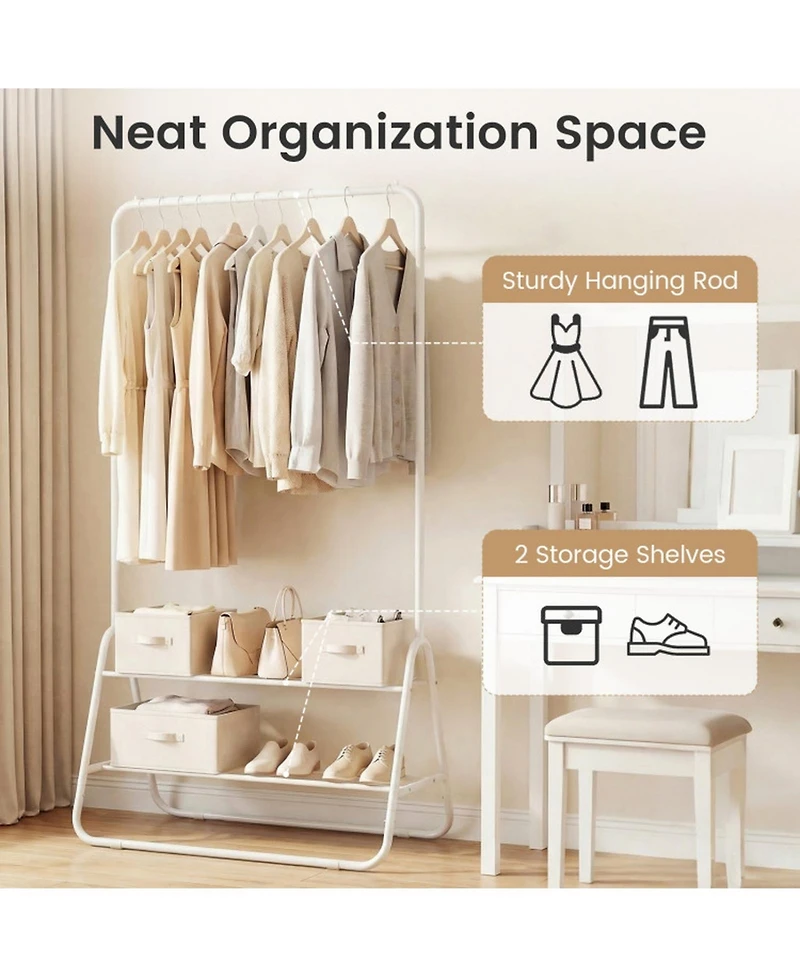 Sugift Heavy Duty Clothes Rack with Hanging Rod and 2 Storage Shelves Freestanding Garment Organizer