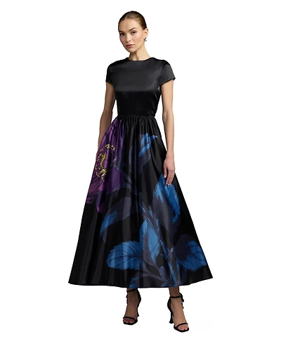 Mac Duggal Women's Satin Cap Sleeve Floral Printed A-Line Dress
