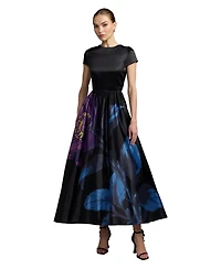 Mac Duggal Women's Satin Cap Sleeve Floral Printed A-Line Dress