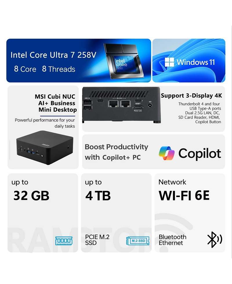 Msi Cubi Nuc Ai+ 2MG Business Mini Desktop, Intel Core Ultra 7 258V, Intel Arc 140V, 32GB Ram, 2TB Ssd, Wi-Fi 6, Win11 Pro, Black