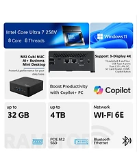 Msi Cubi Nuc Ai+ 2MG Business Mini Desktop, Intel Core Ultra 7 258V, Intel Arc 140V, 32GB Ram, 2TB Ssd, Wi-Fi 6, Win11 Pro, Black