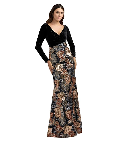 Mac Duggal Women's Black Long Sleeve Floral Embellished Velvet Gown