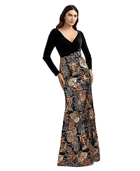 Mac Duggal Women's Black Long Sleeve Floral Embellished Velvet Gown